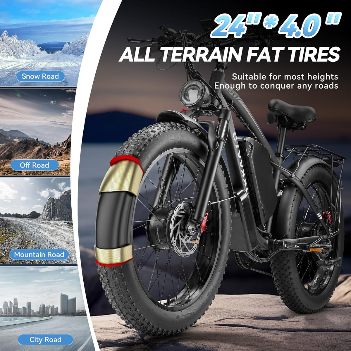Electric Bicycle with Dual Motor Assist, Removable 52V Battery, 7-Speed Gears, 24-Inch Fat Tires - image 4